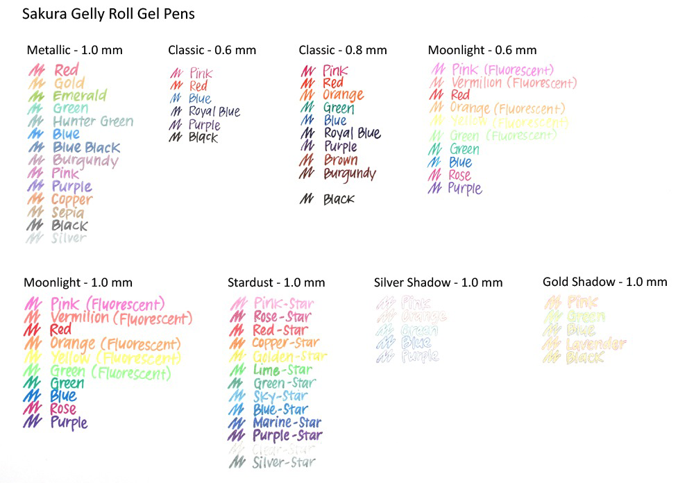 Gelly Roll Moonlight Color Chart